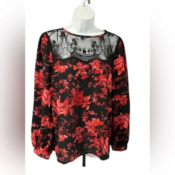 Carmen Marc Valvo Women’s Blouse Medium Floral Red Black Lace Keyhole‎ Romantic - Picture 6 of 16